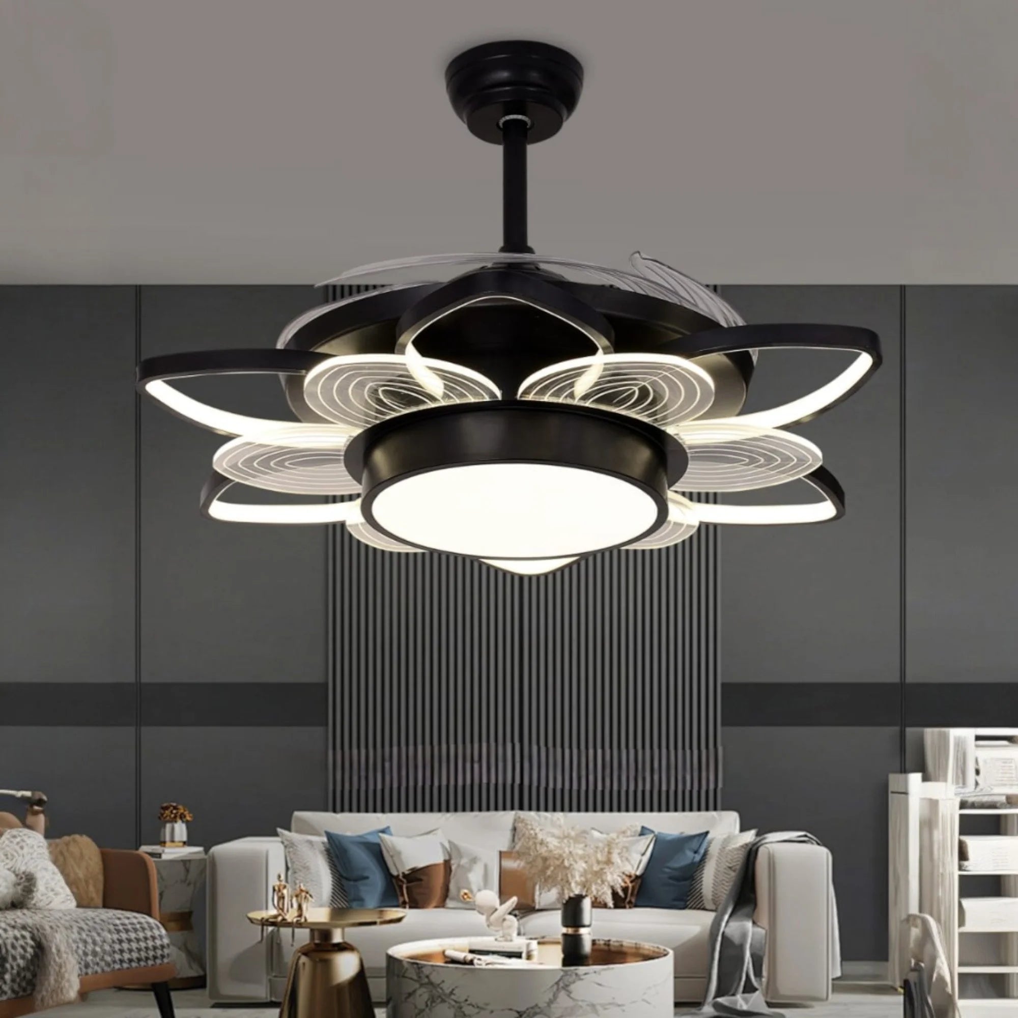 8 Leaves Flower Shape Chandelier Fan 42 Inch - Black